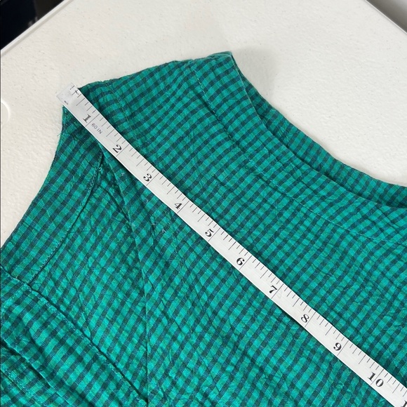 Ichi Antiquities OSFM Gingham Check V Neck Sleeveless Linen/Cotton Green Dress - Picture 8 of 11